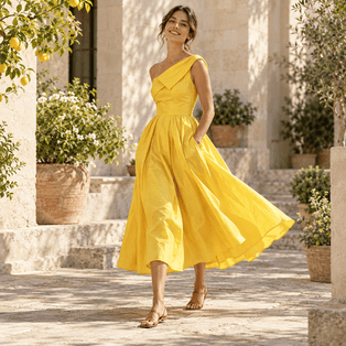 Robe jaune portée dans une cour ensoleillée